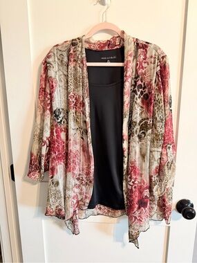 Sara Michelle Pink & Black Floral Animal Print Open-Front Blouse with kimono